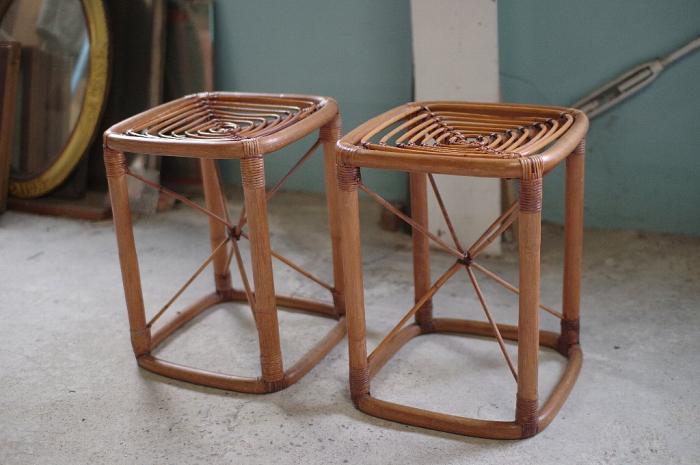 籐ラタンのスツール2脚/竹編み家具▼籐椅子カフェチェア昭和レトロ