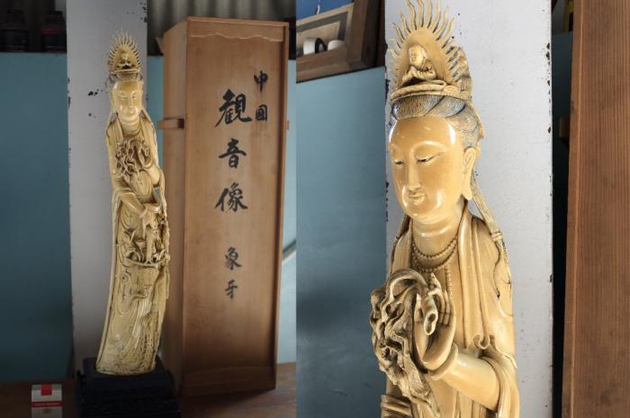 本象牙 観音像 中国美術 全長64cm 4.2キロ 乾隆 銘有り▼中国古玩本象牙芯彫聖観音菩薩像