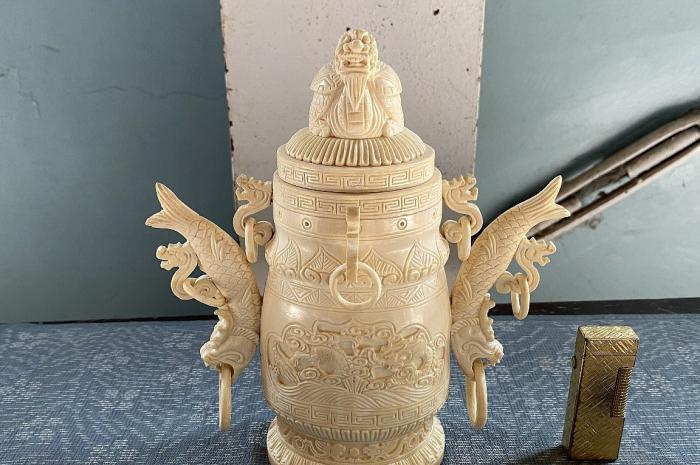 象牙製  乾隆 銘 緻密彫刻 香炉 置物 時代物 東洋彫刻▼中国古玩工芸品