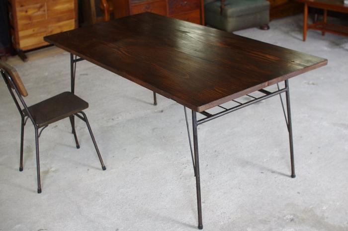 鉄脚の古材テーブル作業台②▼アンティークカフェダイニング工業系